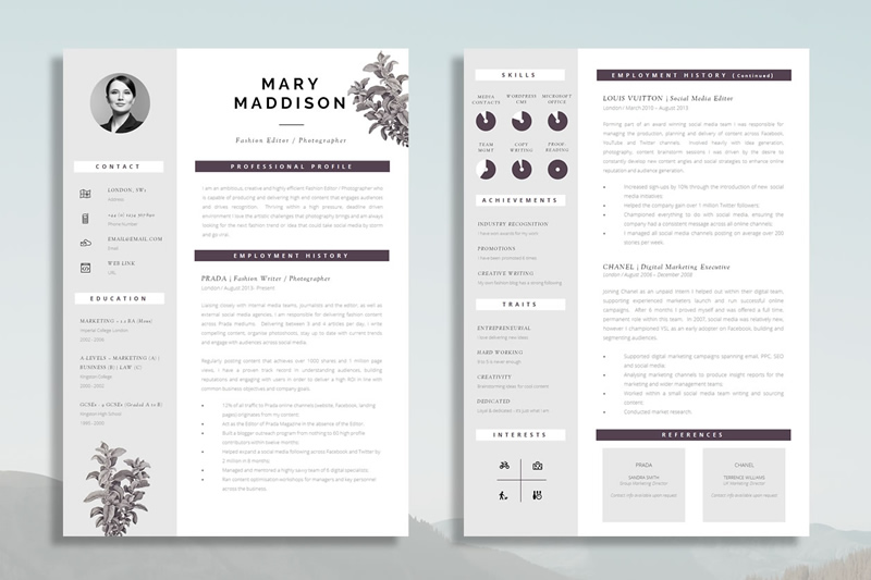 Floral CV example, female CV example with flowers.